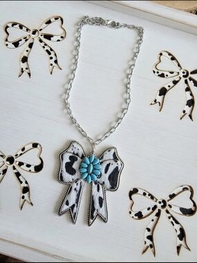 Handmade Black and White Cowhide Bow Pendant Necklace with Turquoise Accent
